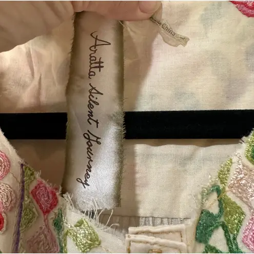 Aratta Silent Journey Collection Midi Dress Large NWT Cream Embroidered Florals Green