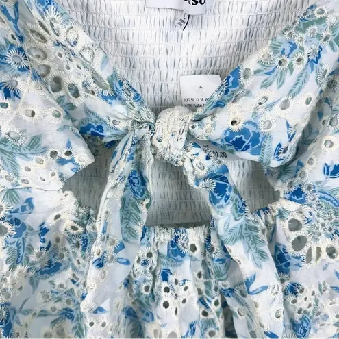 NWT En Saison Ruffled Eyelet Blouse Blue Floral Size L White Size L
