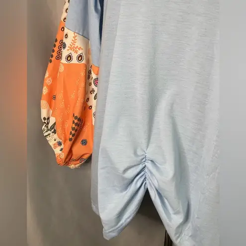 Miss Look Quilt Print 3/4 Sleeve Top Shirt Carolina Blue Cotton Round Neck XL EUC