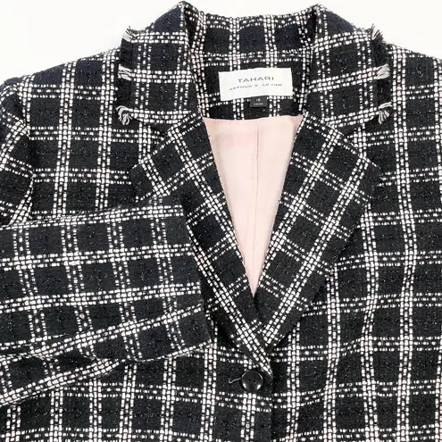 Tahari  ASL Womens 16 Tweed Blazer Jacket Black Pink Plaid Button Front Fringe