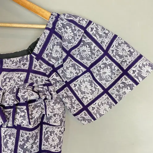 Handmade Blouse Lace Print Ruffled Short Puffed Sleeves Purple White Top Women