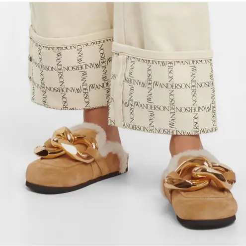 JW Anderson Beige Lamb Leather Shearling Chunky Gold Chain Loafer Clog Mules Tan Size 10