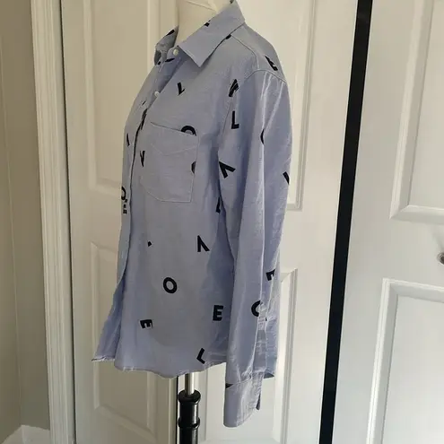 Current/Elliott Pretty Blue Current Elliot Lettered Button Down Long Sleeve Shirt