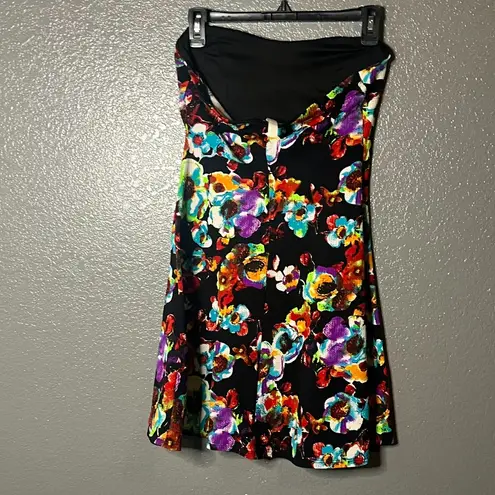 Bella D Women’s Medium Strapless Black Multicolor Floral Fit & Flare Dress