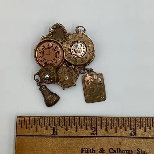 Vintage Steampunk Style Charm Brooch Faux Watch Dials Antique Gold Tone