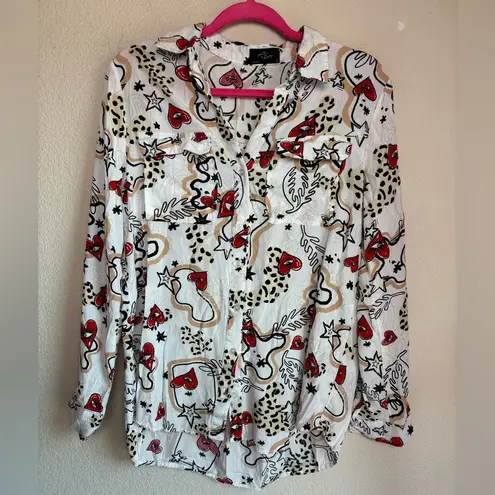 Milk & Honey Abstract Heart and Animal Print Button Down Pocketed Blouse M Black Size M