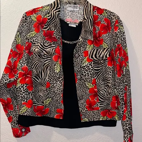 Vintage SET Nancy Bolen City Girl Women's Red Floral Jacket Jean jacket Size XL