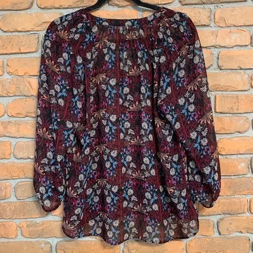 Daniel Rainn Anthropologie Floral Print Boho Sheer Long Sleeve Blouse Black - M - Image 3