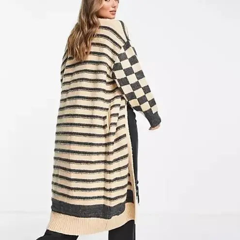 Topshop knitted checkerboard and stripe maxi cardigan