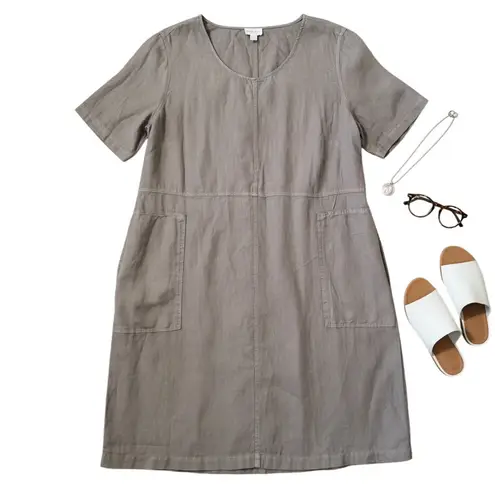 Pure Jill Garment Dyed 1005 Linen Short Sleeve Dress Pockets XL lagenlook Gray