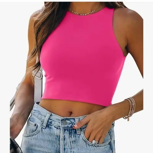 REORIA Butsmooth®Sleeveless Halter Neck Double Lined Casual Basic Tank CropTop Pink