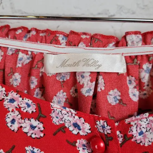 Red Floral Smocked Square Neck Puff Sleeve Cropped Blouse Top Women's M Size M