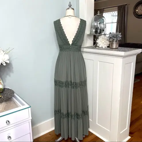 Davi & Dani Lace Crochet Tiered Maxi Dress Sage Green Small