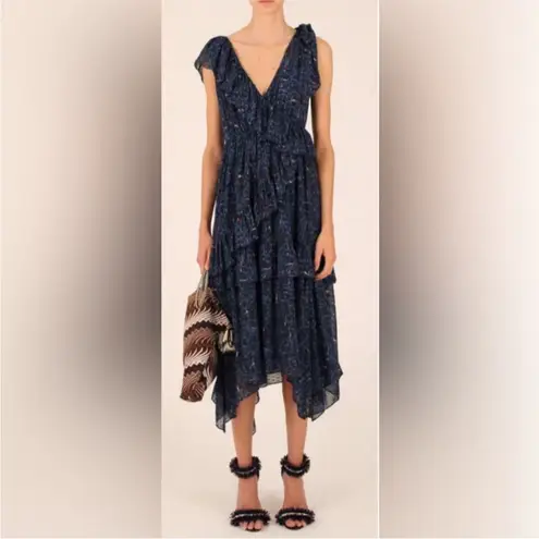 Ulla Johnson Dania Ruffled Midi Dress Handkerchief Hem Floral Asymmetric Size 2