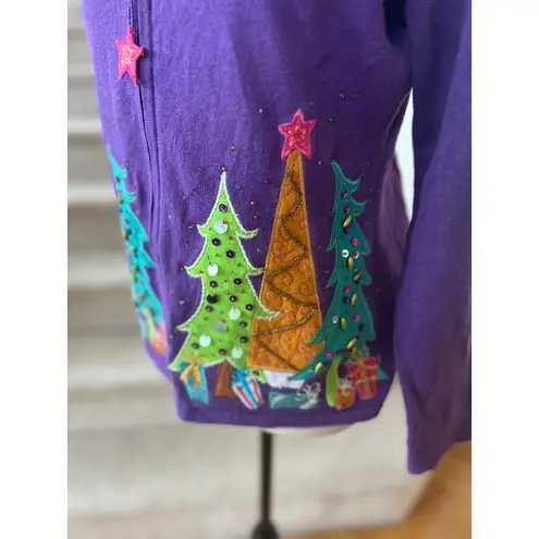 Tiara International Vintage 90s Whimsical Purple Green Pink Orange Teal Christmas Tree Zip Sweater