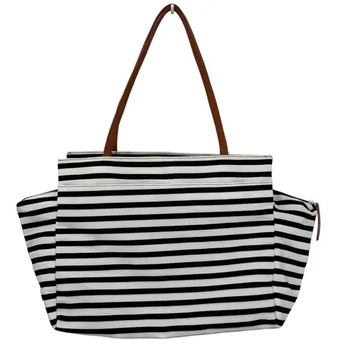 DSW Exclusive-Striped Overnighter Large Tote Bag Black White Canvas Strap Pocket