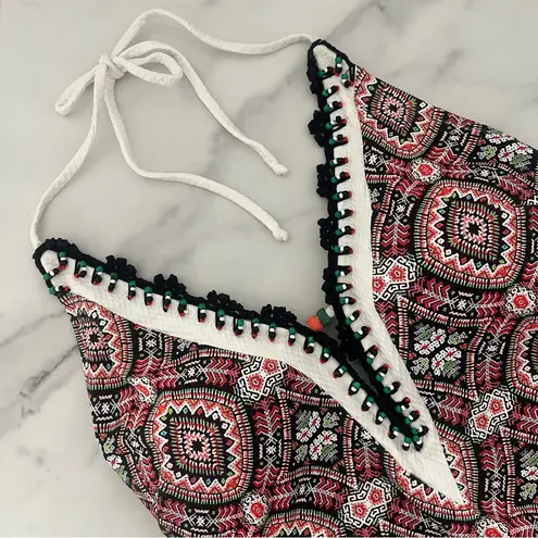 Seki One Piece Swimsuit plunging beaded neckline abstract print beach summer M Red Size 4