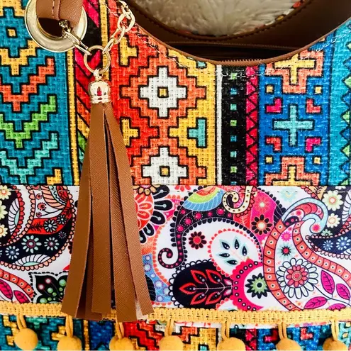 Vibrant Colorful Shoulder Bag with Pom Poms Yellow