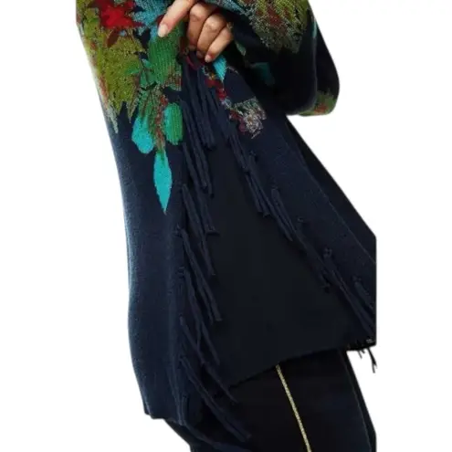 Desigual Floral Embroidered Fringe Hem Sweater Boho Artsy Knit Navy Sz S