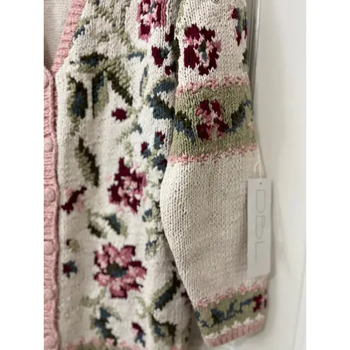 VTG Chunky Floral Embroidered Cardigan M Cottagecore Grannycore Boho 90's NWT Pink Size M