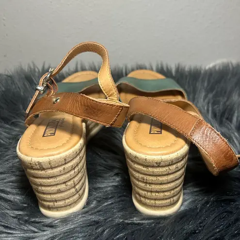 Pikolinos Leather Ankle Strap Miranda Emerald Green Brown Wedge Sandals Sz 40EU