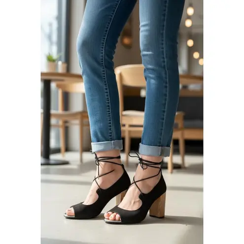 Athena Marie Athena Alexander Womens Black Suede Vikki Strappy Lace Up Block Heel Sandal