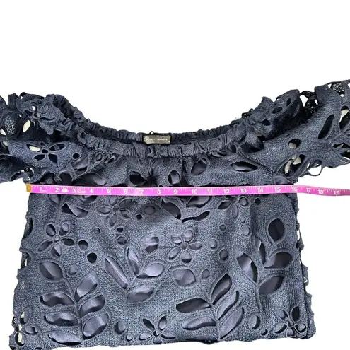 Women's | Pretty Garden | Navy Blue Off Shoulder Floral Lace Mini Dress - Small