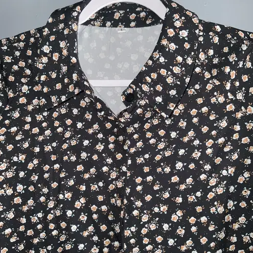 Prairie Midi Short Sleeve Flowy Peach & White Floral Black Button Front Dress L Size L