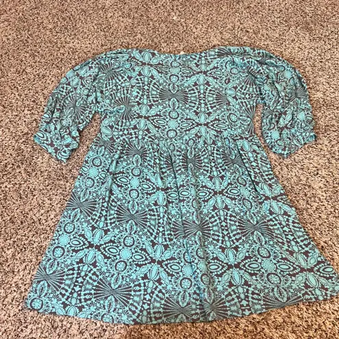 Umgee USA Turquoise Brown Tribal Print Tassel Neck Boho Style Dress M Blue Size M