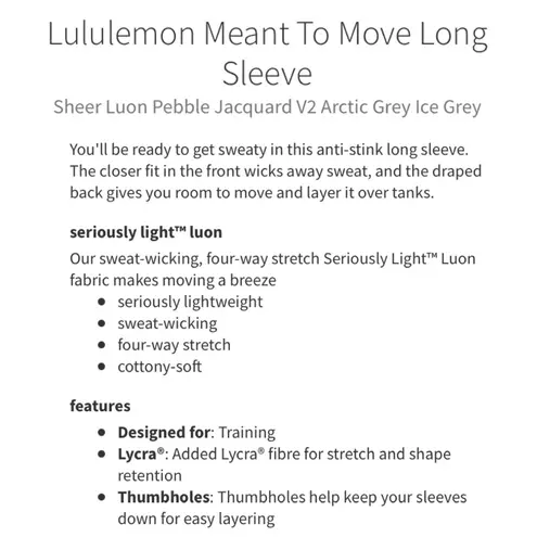 Meant To Move Long Sleeve in Sheer Luon Pebble Jacquard V2 Arctic Gray Ice Gray Size 6