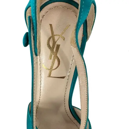 Saint Laurent Paris Turquoise Satin Tribute Cross Strap Platform Sandals Size 35