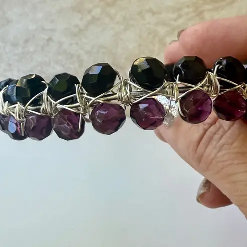 Purple & Black Faceted Beaded Open Bangle Cuff