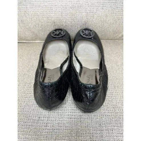 Michael Kors Fulton Black Quilted Leather Ballet Flat Shoes Silver MK Women’s 5