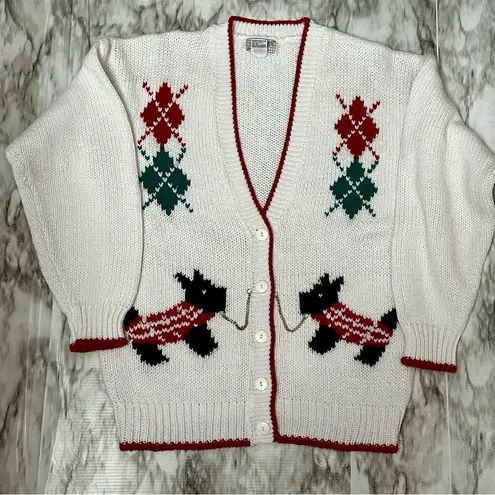 Preppy Scottie Dog Vintage Cardigan Sz M Vintage 80s 90s Argyle Holiday Puppy White Size M