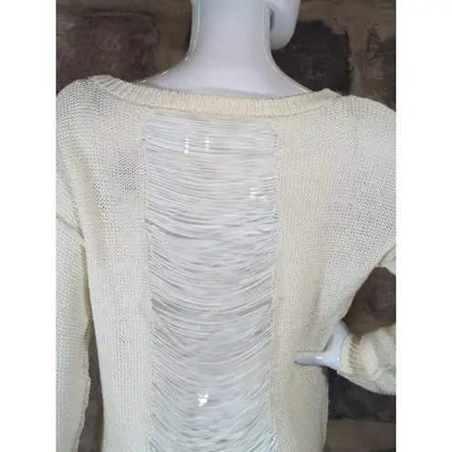 Fifty Street Sweater Woman's Size Small Cream Exposed Back Distressed Coastal