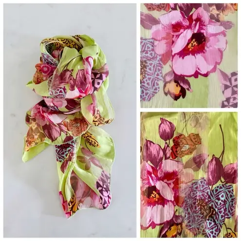 90s Vintage Marcrozier Paris Floral Print Silk Oblong Scarf Wrap, Green & Pink