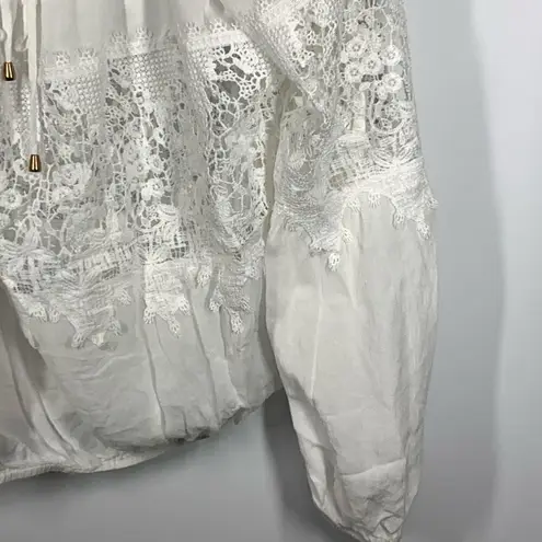 Fashion On Earth Women's Balloon Sleeve Lace Detail Swim Cover Up White Medium