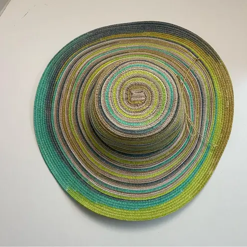 Panama Jack Hat Sun Straw Paper Wide Brim Beach Travel Striped Green Yellow Grey