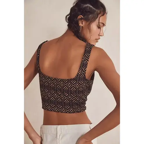 Free People  Corset Tank Top Womens Small Brown Geometric Sleeveless Fitted Black