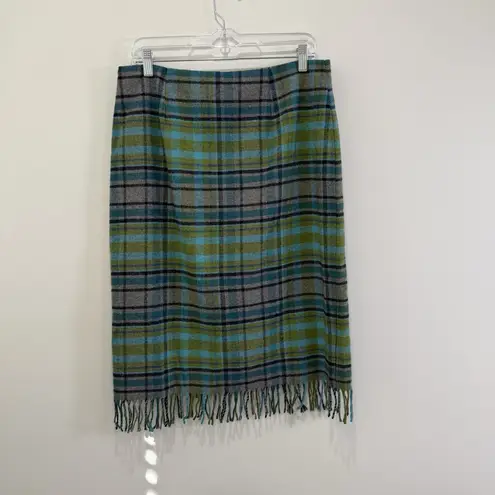 J Jill Faux Wrap Plaid Fringe Blanket Skirt Sz 10 Wool Blend Scottish Highlands Green