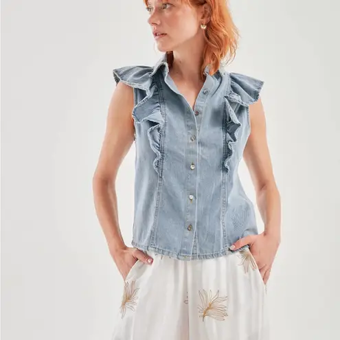 ZARA Blue Ruffled Denim Top MEDIUM NEW