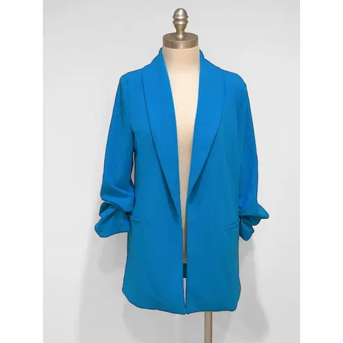 Dakota Blue Women's Blue Open Front Ruched 3/4 Sleeves Crepe Blazer Size M Size M