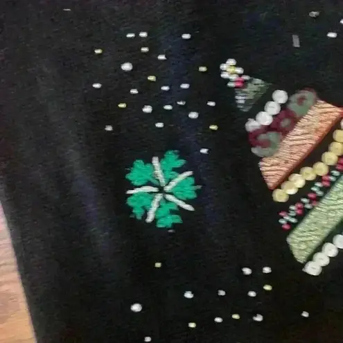 Vintage Christmas Beaded Sequin Sweater Cardigan Size Medium Ugly Christmas Black