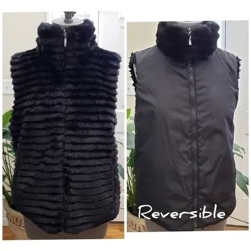 Gallery Grooved Black Tiered Faux Fur Reversible Pocket Zip Up Vest Size Medium