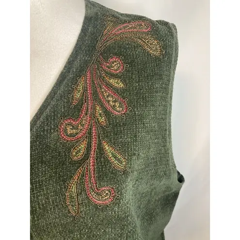 Cottagecore Cabin Granny Embroidered Sweater Vest L Green Lagenlook Vintage Size L