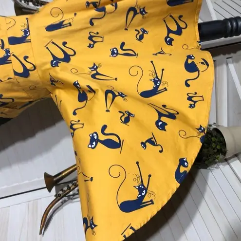Vintage 80s 90s IXIA Cat Print Mini Dress Yellow Blue Size Small
