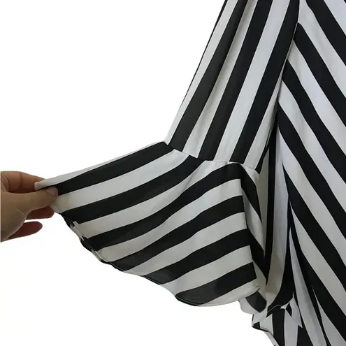 Premise  Studio Black White Striped Bell Sleeve Faux Wrap Blouse