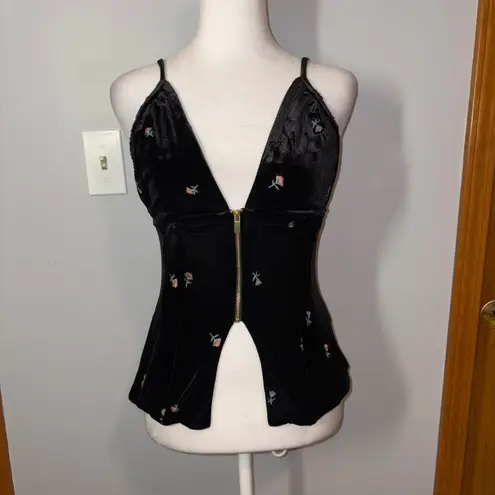 We Wore What REVOLVE Black Velvet Peplum Corset Top Embroidered Roses Size 6