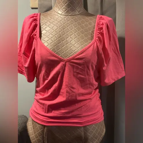 Bobi Los Angeles Tropical Pink V-Neck Shirred Women T Shirt Size XL NWT