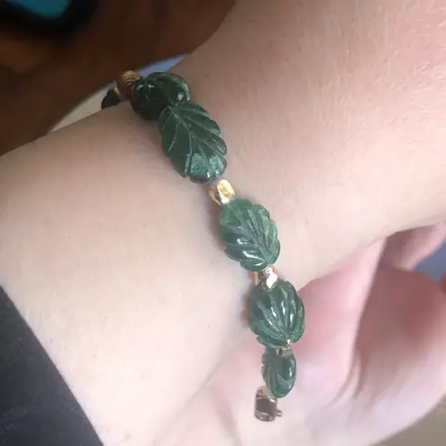 Vintage hand carved leaf nephrite jade gold filled bracelet
